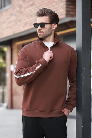 Acı Kahverengi Fermuarlı Yarım Balıkçı Yaka Erkek Sweatshirt E7164