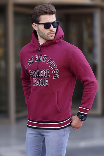 Bordo Kapüşonlu Cep Detaylı Baskılı Erkek Sweatshirt 7068