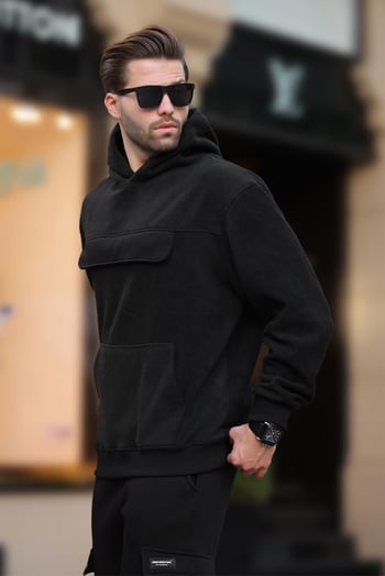 Siyah Kapüşonlu Kapaklı Cep Detaylı Polar Erkek Sweatshirt 7097