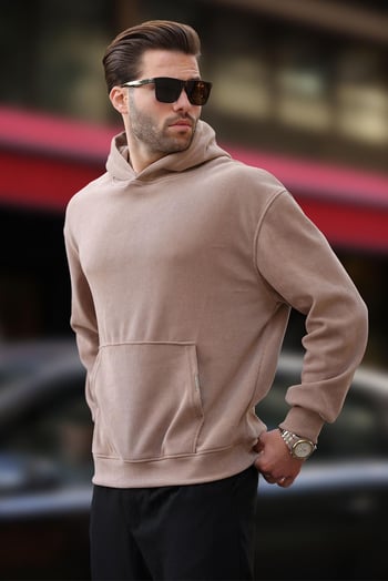 Taba Kapüşonlu Cep Detaylı Dokulu Sweatshirt E7101