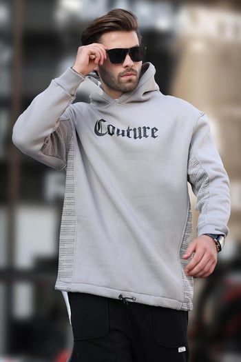Boyalı Gri Kapüşonlu Cep Detaylı Baskılı Erkek Sweatshirt 7090