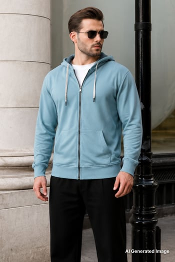 Soluk Mavi Fermuarlı Kapüşonlu Sweatshirt 6161