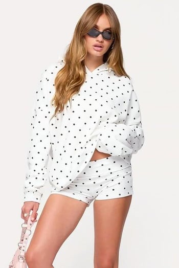 Beyaz Puantiyeli Kapüşonlu Kadın Sweatshirt Mg2560