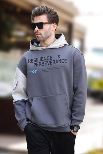 Füme Kapüşonlu Cep Detaylı Baskılı Erkek Sweatshirt 7058