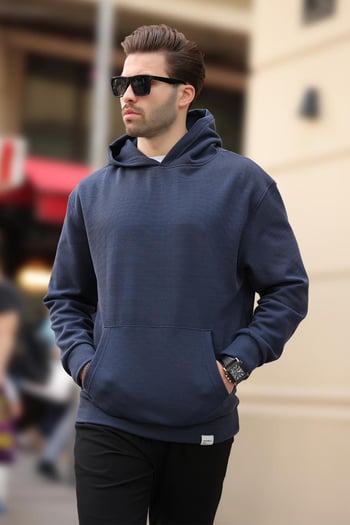 Lacivert Kapüşonlu Cep Detaylı Sweatshirt 7095