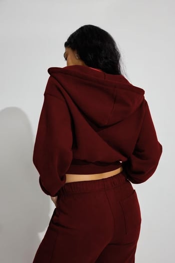 Bordo Crop Kapşonlu Fermuarlı Kadın Sweatshirt MG2608