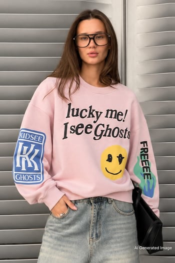 Mad Girls Bej Baskılı Oversize Sweatshirt Mg1206