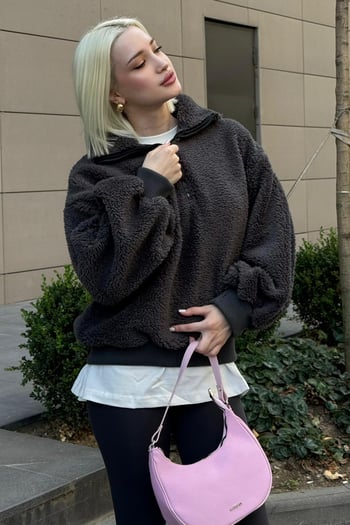 Füme Peluş Fermuar Yaka Sweatshirt MG1413