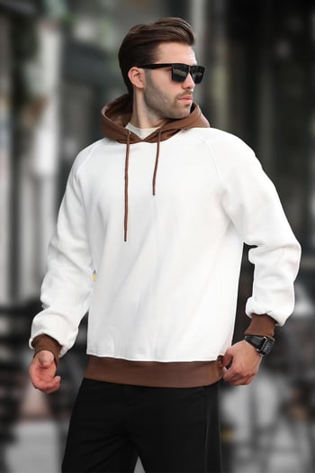 Ekru Renk Bloklu Kapüşonlu Sweatshirt 7073