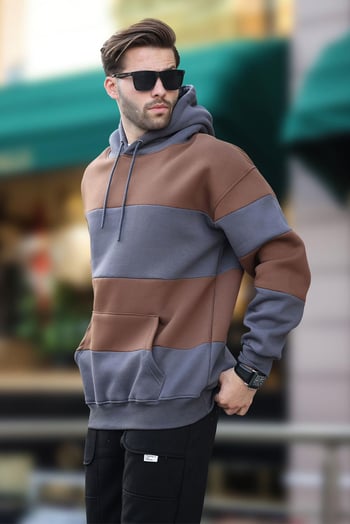 Füme Kapüşonlu Renk Bloklu Cep Detaylı Erkek Sweatshirt 7044
