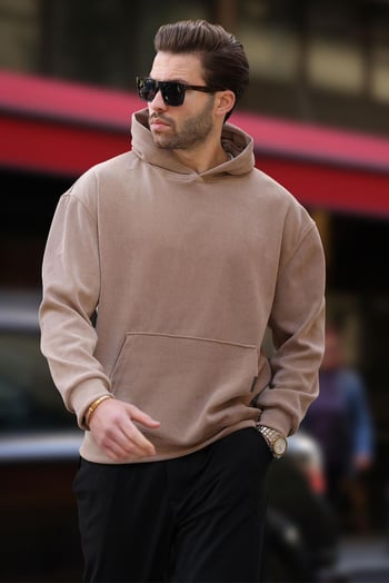 Taba Kapüşonlu Cep Detaylı Dokulu Sweatshirt E7101