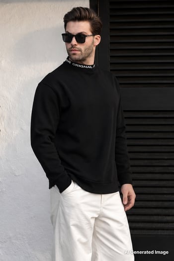 Siyah Bisiklet Yaka Şardonlu Erkek Sweatshirt 7047