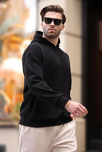 Siyah Kapüşonlu Cep Detaylı Dokulu Sweatshirt E7101