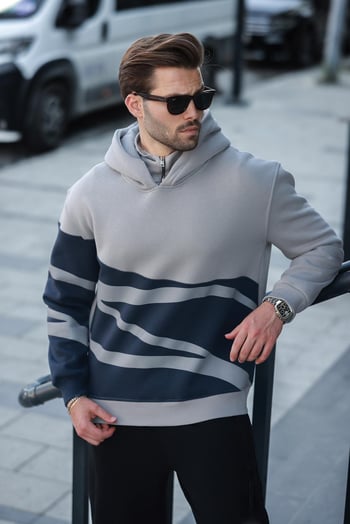 Boyalı Gri Kapüşonlu Fermuar Yaka Desenli Erkek Sweatshirt E7162