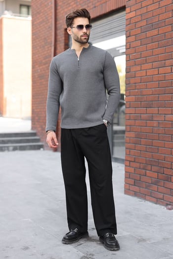 Füme Bisiklet Yaka Fermuar Detaylı Erkek Triko Sweatshirt E7209