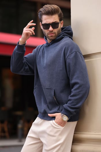 Füme Kapüşonlu Cep Detaylı Dokulu Sweatshirt E7101