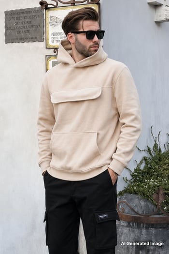 Bej Kapüşonlu Kapaklı Cep Detaylı Polar Erkek Sweatshirt 7097