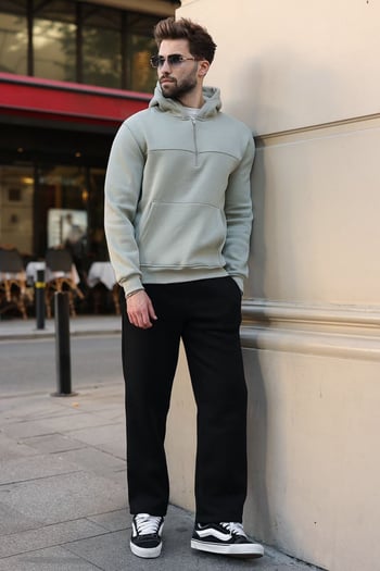 Mint Yeşili Kanguru Cepli Kapüşonlu Erkek Sweatshirt E7218