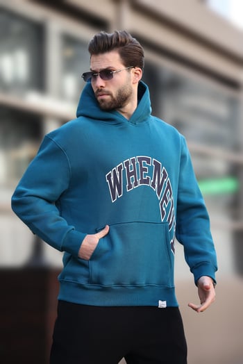 Petrol Mavisi Kapüşonlu Baskılı Cep Detaylı Erkek Sweatshirt E7065