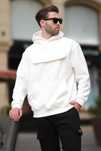 Ekru Kapüşonlu Kapaklı Cep Detaylı Polar Erkek Sweatshirt 7097