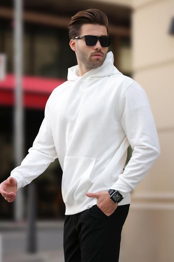 Beyaz Kapüşonlu Cep Detaylı Sweatshirt 7095