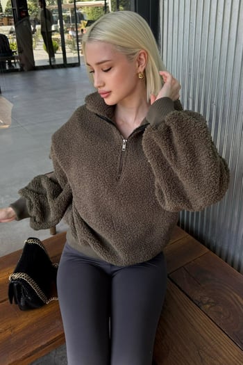 Haki Peluş Fermuar Yaka Sweatshirt MG1413