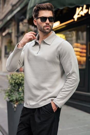 Boyalı Gri Yarım Fermuarlı Polo Yaka Dokulu Erkek Sweatshırt E7197