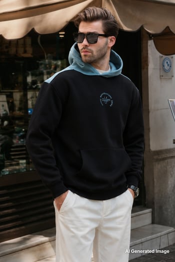 Siyah Kapüşonlu Renk Bloklu Nakış Detaylı Erkek Sweatshirt 7088