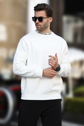 Ekru Bisiklet Yaka Şardonlu Erkek Sweatshirt 7047