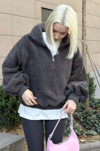 Füme Peluş Fermuar Yaka Sweatshirt MG1413