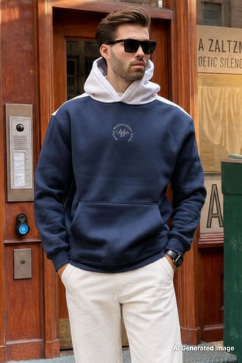 Lacivert Kapüşonlu Renk Bloklu Nakış Detaylı Erkek Sweatshirt 7088