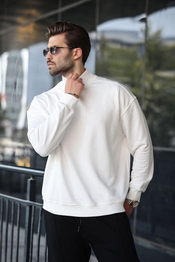 Ekru Yarım Balıkçı Yaka Erkek Basic Sweatshirt E7158