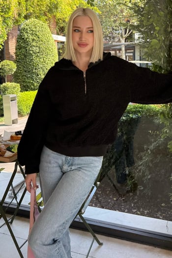 Siyah Peluş Fermuar Yaka Sweatshirt MG1413