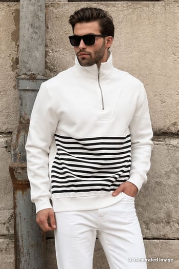 Ekru Fermuar Yakalı Çizgili Sweatshirt 7056
