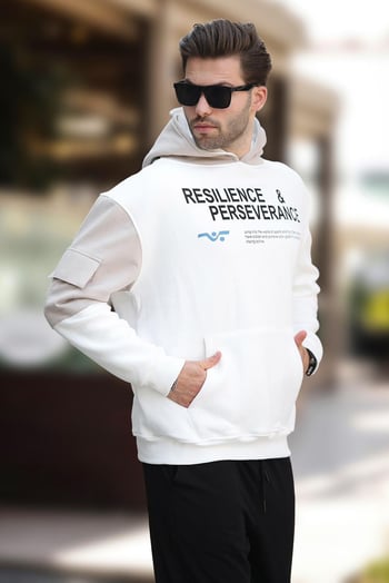 Ekru Kapüşonlu Cep Detaylı Baskılı Erkek Sweatshirt 7058