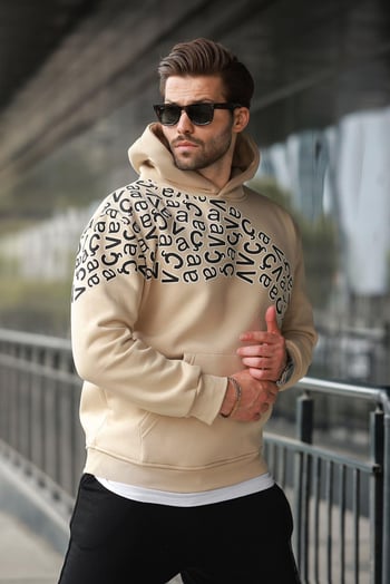 Bej Baskılı Kapüşonlu Erkek Sweatshirt E7160