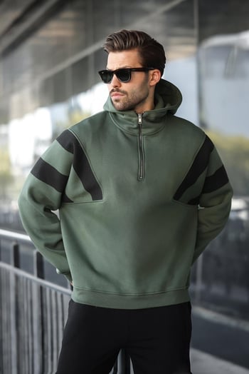 Haki Fermuarlı Yaka Kapüşonlu Erkek Sweatshirt E7161
