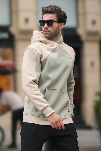Bej Kapüşonlu Cep Detaylı Nakışlı Sweatshirt E7085