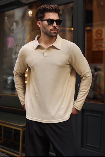 Bej Gömlek Yaka Dokulu Regular Fit Erkek Sweatshirt E7203