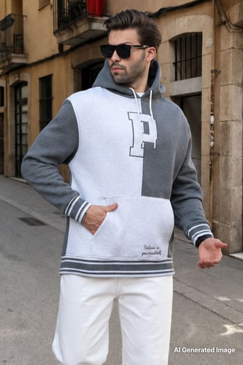 Antrasit Renk Bloklu Kapüşonlu Baskılı Erkek Sweatshirt 7078