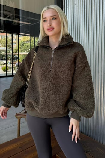 Haki Peluş Fermuar Yaka Sweatshirt MG1413
