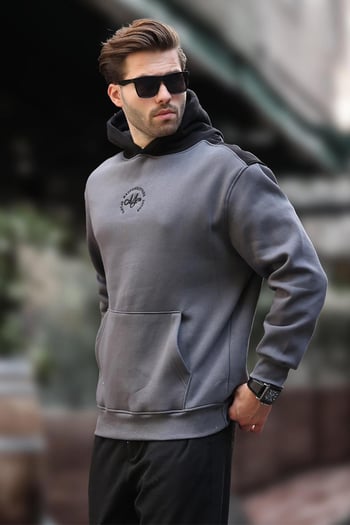 Füme Kapüşonlu Renk Bloklu Nakış Detaylı Erkek Sweatshirt 7088