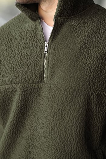 Haki Yarım Fermuarlı Dik Yaka Polar Sweatshirt E7165