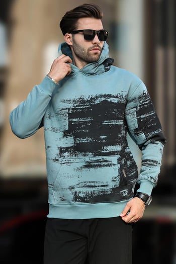 Mavi Kapüşonlu Desenli Cep Detaylı Erkek Sweatshirt 7059