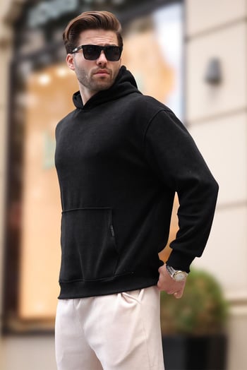 Siyah Kapüşonlu Cep Detaylı Dokulu Sweatshirt E7101