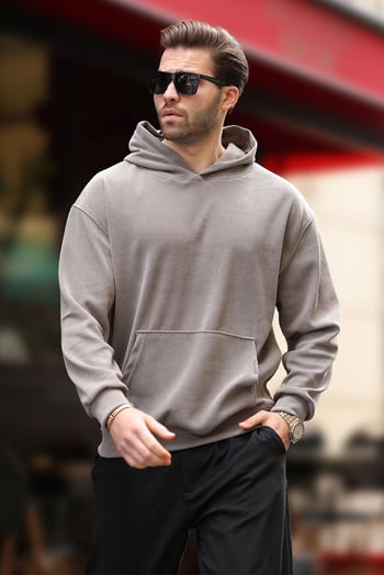 Gri Kapüşonlu Cep Detaylı Dokulu Sweatshirt E7101