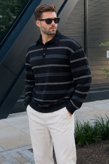 Siyah Çizgili Polo Yaka Erkek Sweatshirt E7172