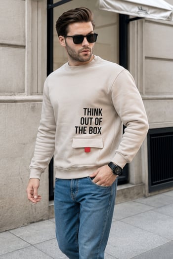 Bej Bisiklet Yaka Şardonlu Cep Detaylı Baskılı Erkek Sweatshirt 7061
