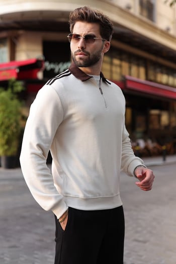 Bej Şerit Detaylı Polo Yaka Erkek Sweatshirt E7212  