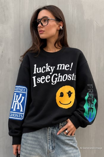 Mad Girls Printed Oversize Black Sweatshirt Mg1206